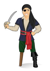 Old pirate captain with eye patch and bandana holding a sword