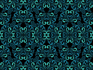 Seamless blue damask Pattern on black.