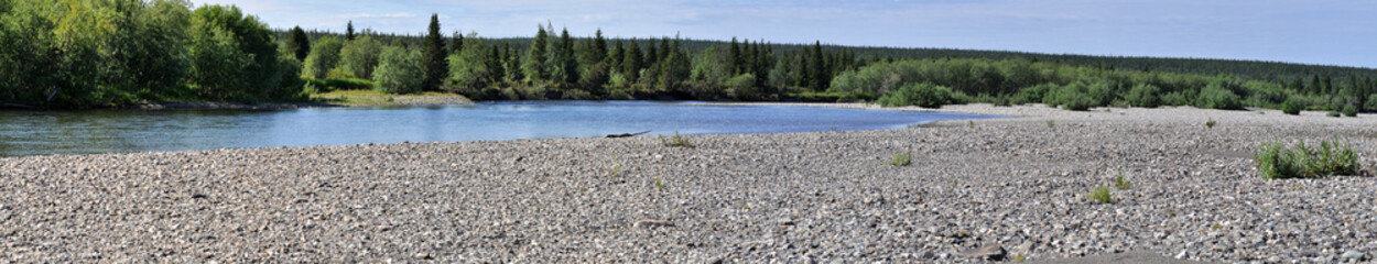 Fototapeta na wymiar Panoramic river landscape in the polar Urals.
