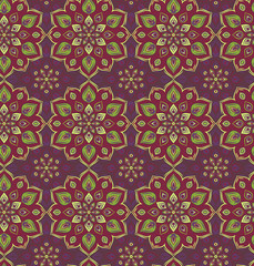 Seamless hand drawn mandala pattern. Vintage decorative elements. Violet, green, color tone background. Islam, arabic, Indian, turkish,ottoman motifs. Perfect for printing on fabric or paper. Vector
