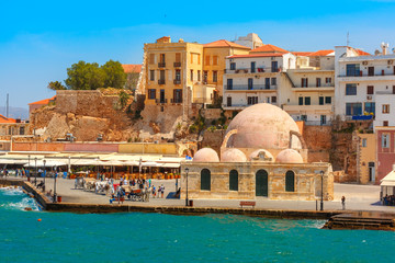 Kucuk Hasan Pasha Mosque on the old harbour of Chania, Crete, Greece