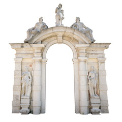 Naklejka premium White stone entrance with statues suitable as a frame or border.