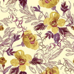 Watercolor Seamless Pattern with Contoured Elements on Yellow Background 