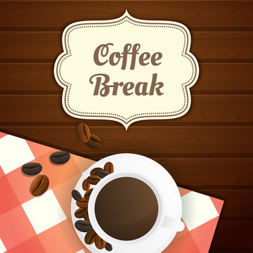 Coffee break illustration with cup of coffee and coffee beans, red checkered tablecloth on wooden table.