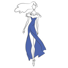 Vector fashion sketch. Model standing in long blue dress