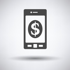 Smartphone with dollar sign icon on gray background, round shadow. Vector illustration.