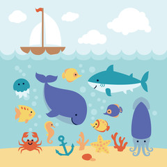 Fototapeta premium Cute cartoon animals swimming under the sea and boat.