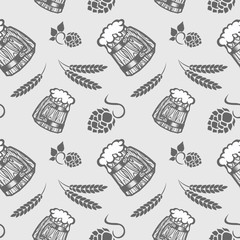 Beer pattern with glass, wheat and hops.