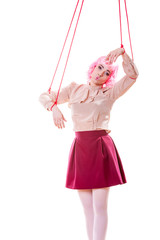 woman girl stylized like marionette puppet on string