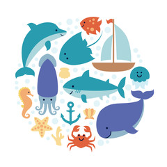 Set of sea animals in circle isolated on white background.