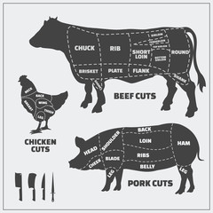 Cuts of beef, pork and chicken.