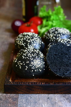 Homemade black buns for making burger.