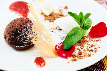 Sweet chocolate dessert and ice cream with strawberry topping on white plate closeup