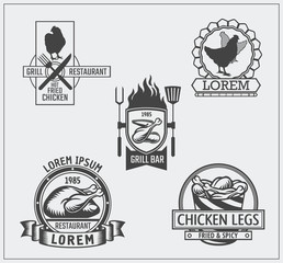 Set of chicken labels, emblems and design elements.