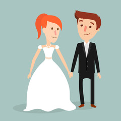 Vector illustration of young happy newlyweds bride and groom. Just married couple. Illustration for print, web.