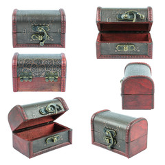 Group of treasure chest wooden old on white background. Rear, fr