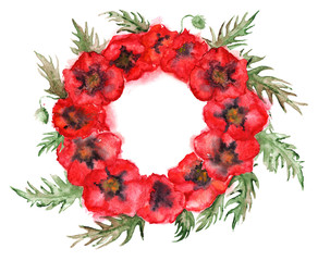 Watercolor red poppy flower floral wreath isolated