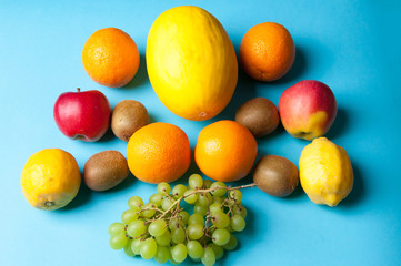 Fruit set on a blue background from above