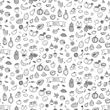 Seamless background hand drawn doodle fruits icons set Vector illustration seasonal fruit symbol collection Cartoon different kind of fruits Various types of tropical fruits on white background Sketch