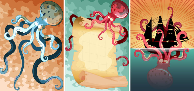 Giant octopus in three different scenes