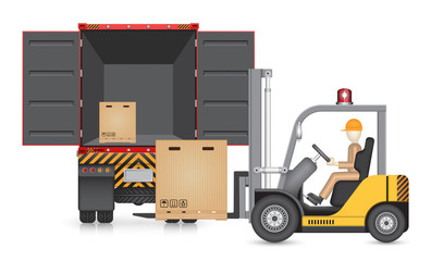 Vector of driver sorting cardboard box on pallet into storage of cargo container on truck by forklift or equipment for logistic, shipping and delivery. Freight transport and distribution industry.