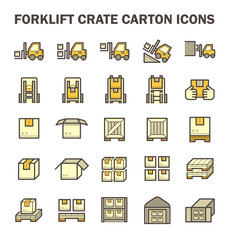 Forklift vector icon. May called fork or lift truck. Include stack of wood crate, cardboard box on pallet for industry i.e. storage, distribution warehouse. Also freight transport, logistic, shipping.