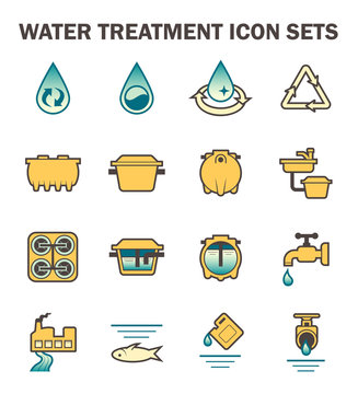 Water treatment plant and wastewater or waste water and septic tank vector icon set. That removes sewage and grease from water to improves the quality of water appropriate for drinking and supply use.