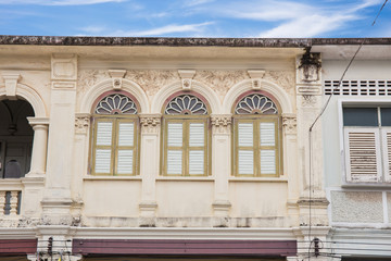 Classic windows Sino-Portuguese style architecture at Phuket Thailand. Vintage windows