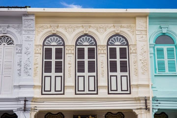 Classic windows Sino-Portuguese style architecture at Phuket Thailand. Vintage windows