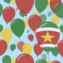 Suriname National Day Flat Seamless Pattern. Flying Celebration Balloons in Colors of Surinamer Flag. Happy Independence Day Background with Flags and Balloons.