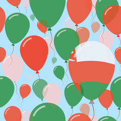 Oman National Day Flat Seamless Pattern. Flying Celebration Balloons in Colors of Omani Flag. Happy Independence Day Background with Flags and Balloons.