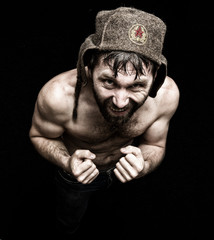 Dark portrait of scary evil sinister bearded man with smirk, makes various hand's signs
