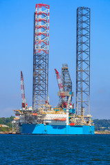 Jack up oil drilling rig in the shipyard for maintenance in Dundee