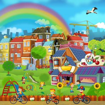 Cartoon scene of a street and park - small town - stage for different usage - children playing in the park - illustration for children