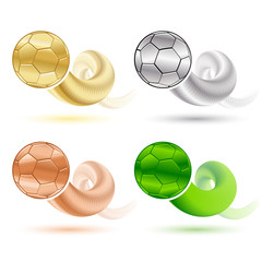 Four soccer football balls in metal color gold, silver, bronze, green