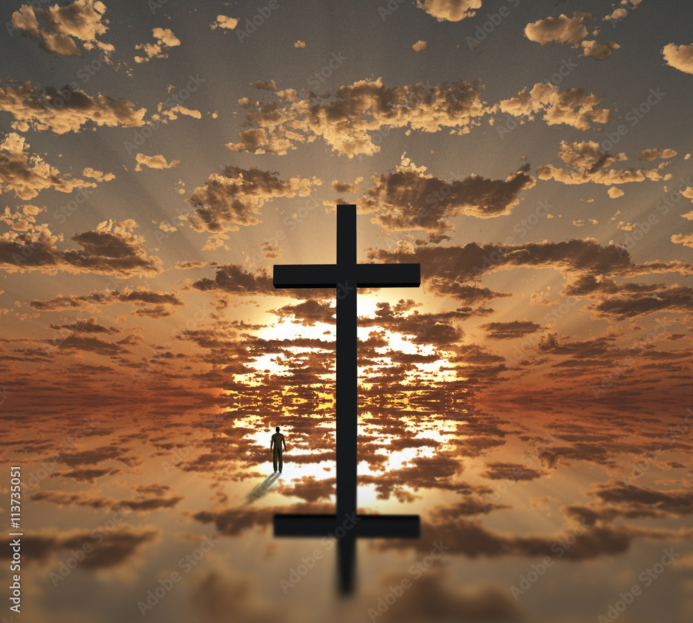 Poster man near giant cross with sunrise background