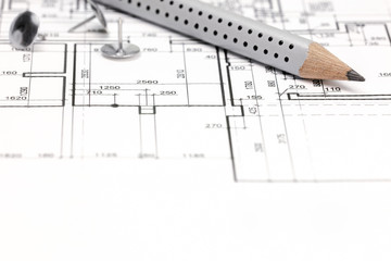 architectural background with technical drawing and pencil