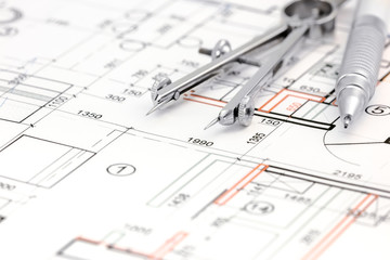 architectural background with floor plan, drawing compass and pe