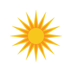 Sun icon. Light sign with sunbeams. Yellow design element, isolated on white background. Symbol of sunrise, heat, sunny and sunset, sunlight. Flat modern style for weather forecast Vector Illustration