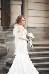 Wonderful bride with a luxurious white dress posing in the old town