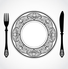 elegant ornamental knife fork and plate black white symbol 