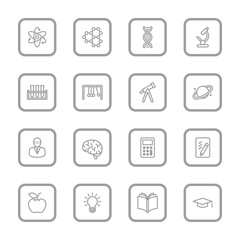 gray line education and science icon set with rounded rectangle frame for web design, user interface (UI), infographic and mobile application (apps)