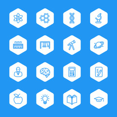 line education and science icon set on white hexagon for web design, user interface (UI), infographic and mobile application (apps)
