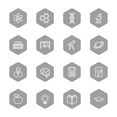 line education and science icon set on gray hexagon for web design, user interface (UI), infographic and mobile application (apps)