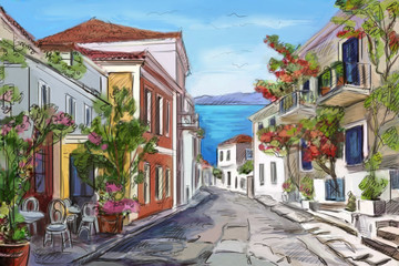 sunny seaside in Greece. painted hands.