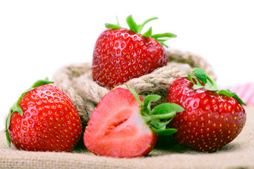 Strawberries on burlap cloth