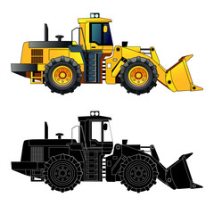 Wheel loader, side view, silhouette. Vector illustration, isolated on white.