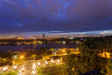 Old fortress wall and confluence of two rivers