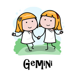 Gemini Zodiac, a hand drawn vector cartoon illustration of Gemini zodiac, The Twins.