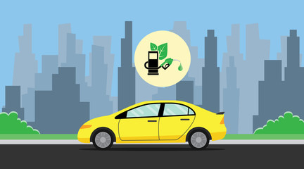 Fototapeta na wymiar biofuel green with leaf with car on the way background city vector graphic